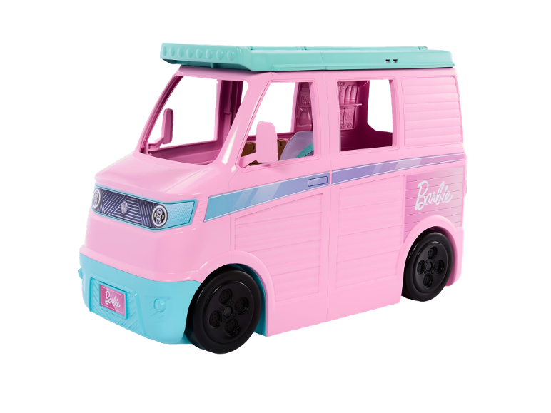 Roze en lichtblauwe speelgoedcamper voor poppen met logo op de zijkant.