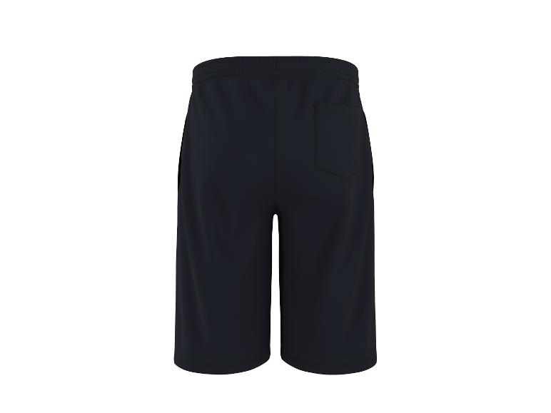 Donkere heren sweatshorts met achterzak, achteraanzicht.