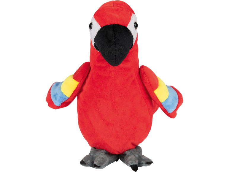 Pluche papegaai in rood, geel en blauw