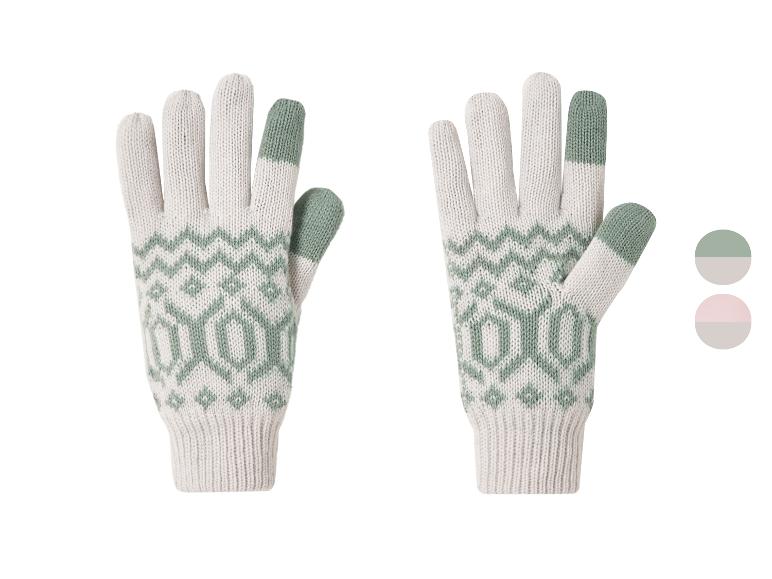 Gebreide handschoenen met beige en groen jacquardpatroon, touchscreen-compatibel.