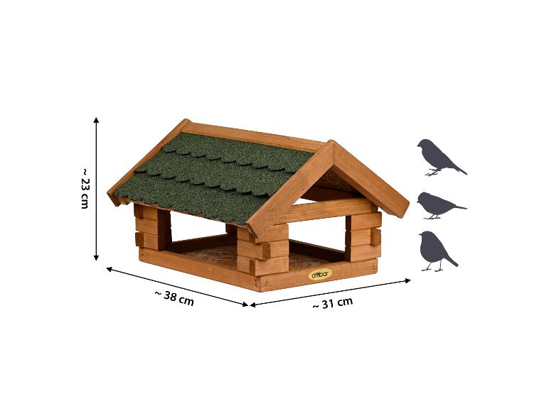 Houten vogelvoederhuisje met groen dak, afmetingen 23x38x31 cm, met vogelsilhouetten.