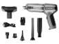 Handstofzuiger met transparant stofreservoir en diverse accessoires, waaronder borstels en mondstukken.