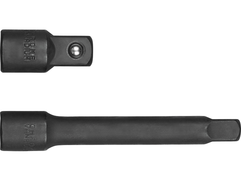 Zwarte dopsleuteladapter en verlengstuk met 'CHROME VANADIUM' inscriptie.