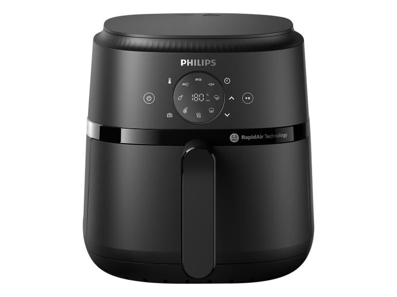 Zwarte airfryer met digitaal display dat 180°C en 'RapidAir Technology' toont.