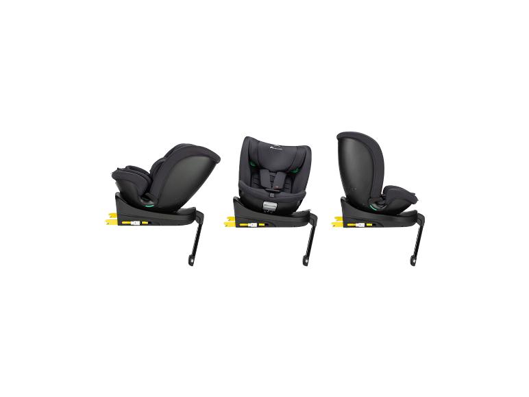 Drie zwarte autostoeltjes met gele accenten, getoond in verschillende posities.