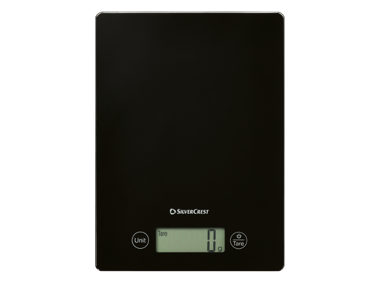 Zwarte keukenweegschaal met digitaal display dat '0 g' toont en knoppen 'Unit' en 'Tare'.