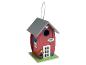 Rood houten vogelhuisje met een grijs dak en decoratieve details.