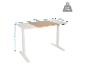 Verstelbaar zit-sta bureau met wit en hout-look blad, 140x70 cm en 73-118 cm hoog, max. 80 kg.