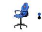 Blauwe gamingstoel met rode biezen en een Superman-logo, met kleurstalen.