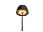 Zwarte tuinlamp met geplooide kap en warme LED-verlichting.