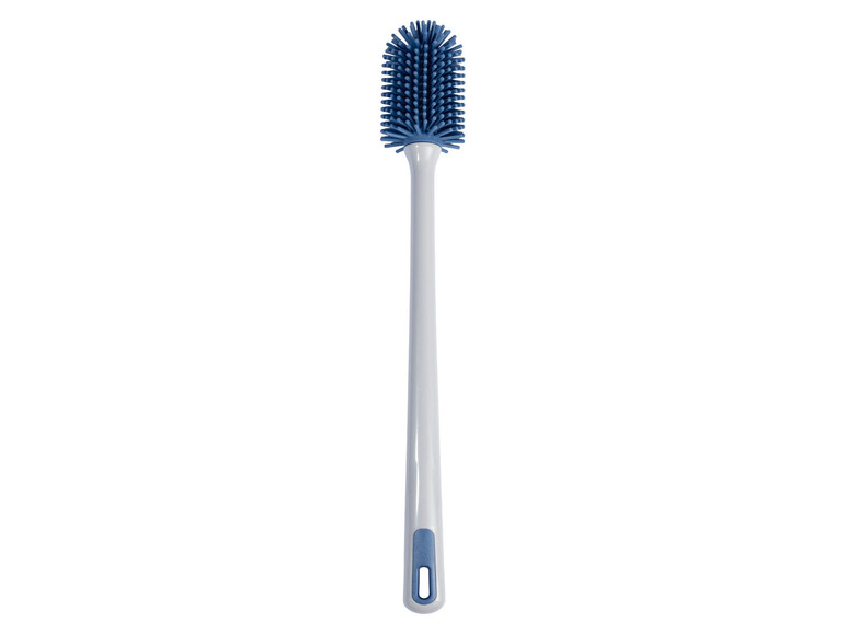 Een blauwe siliconen toiletborstel met een witte steel.