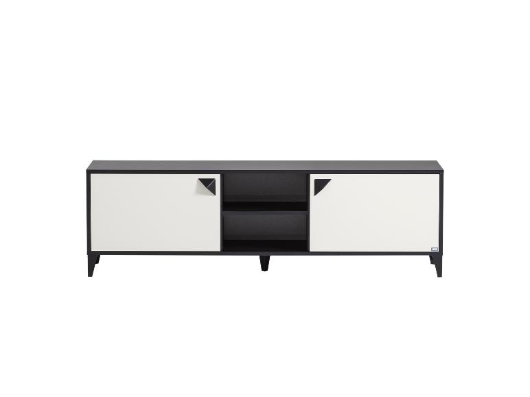 Zwart-wit tv-meubel met twee schuifdeuren en open planken.