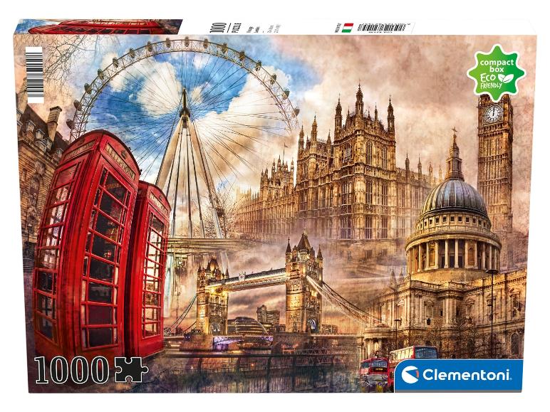 Een 1000-delige Clementoni-puzzel met afbeeldingen van Londen, waaronder de London Eye, telefooncellen en de Tower Bridge.