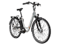 Witte elektrische fiets met oranje accenten, bagagedrager en voor- en achterlichten.