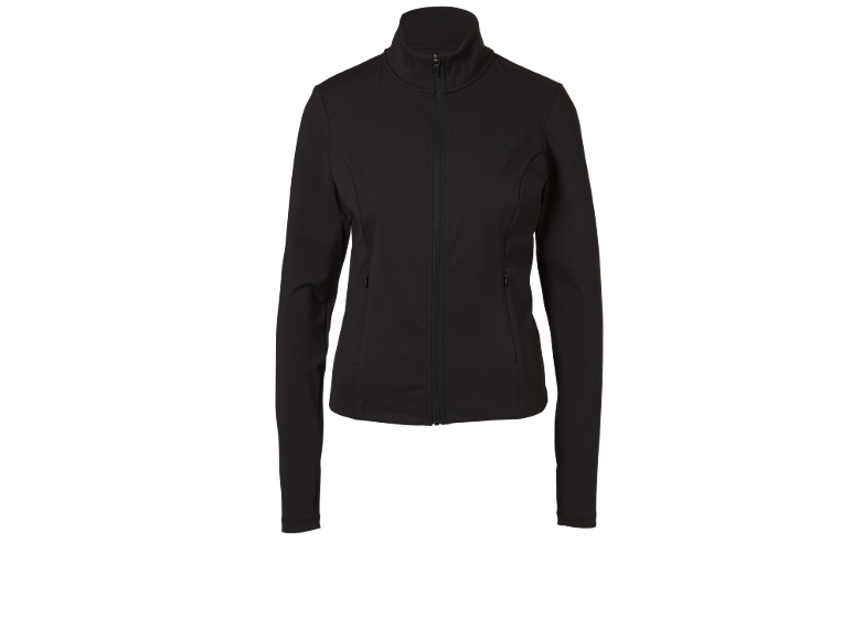 Zwart sportjasje voor dames met ritssluiting en opstaande kraag.