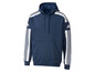 Een donkerblauwe Adidas hoodie met witte strepen op de mouwen.