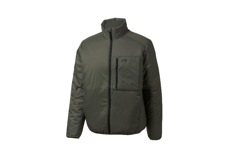 Donkergroene gewatteerde jas met ritssluiting aan de voorkant en borstzak.