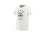 Wit T-shirt met blauwe sardineblikprint en de tekst 'Simply Delicious'.