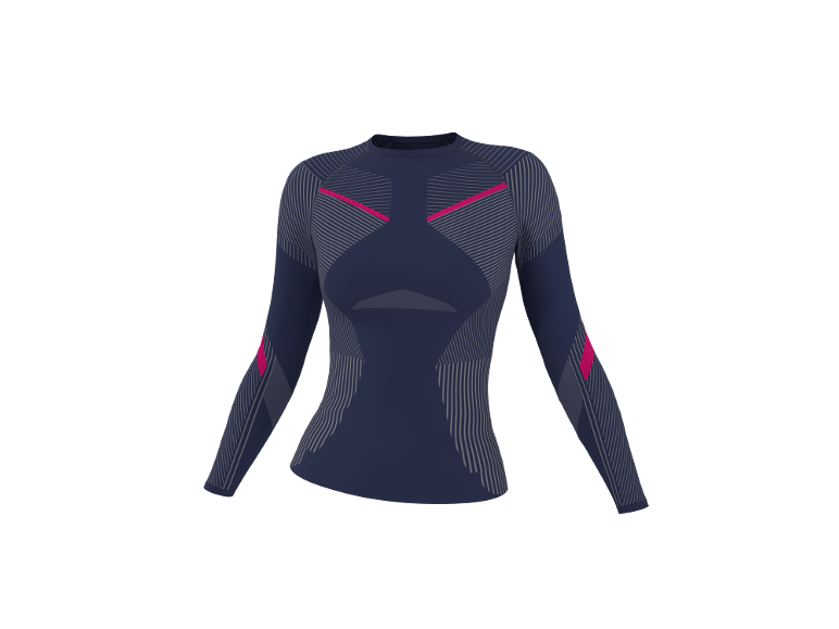 Donkerblauw sportshirt met lange mouwen en roze en grijze details.