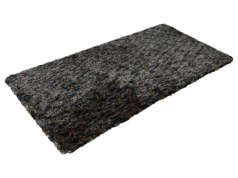 Een donkergrijs, pluizig tapijt met een patroon.