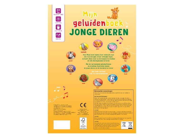 Kindergeluidenboek met boerderijdieren, Dutche tekst en cartoonillustraties.