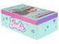 Een roze en blauwe opbergdoos met een Barbie-logo en afbeelding.