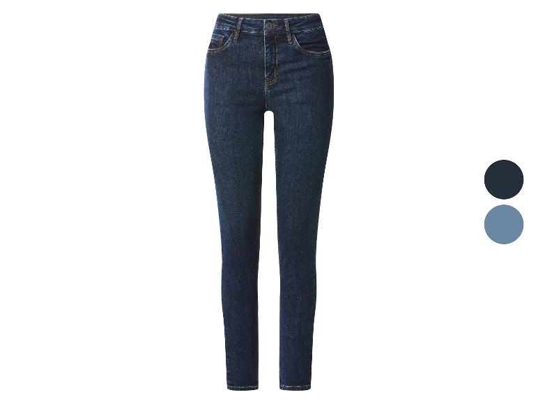 Donkerblauwe high-waist skinny jeans voor dames met twee kleurstalen.