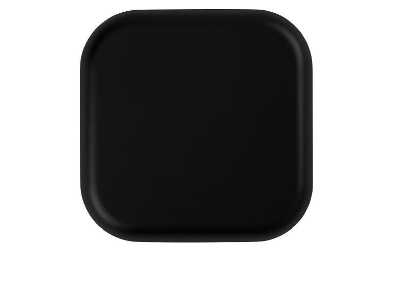 Zwarte rechthoekige dienblad met afgeronde hoeken.
