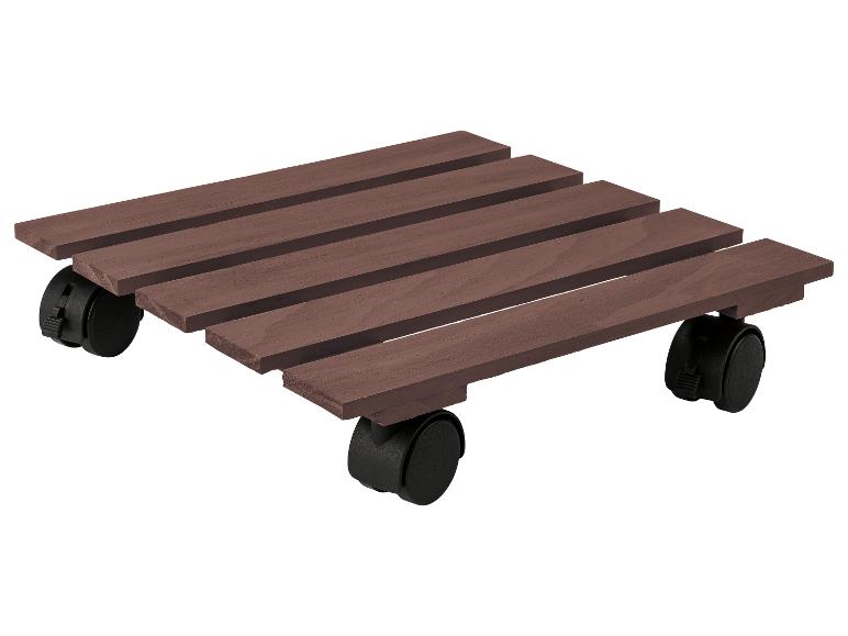 Donkerbruine houten plantenonderstel op wielen.