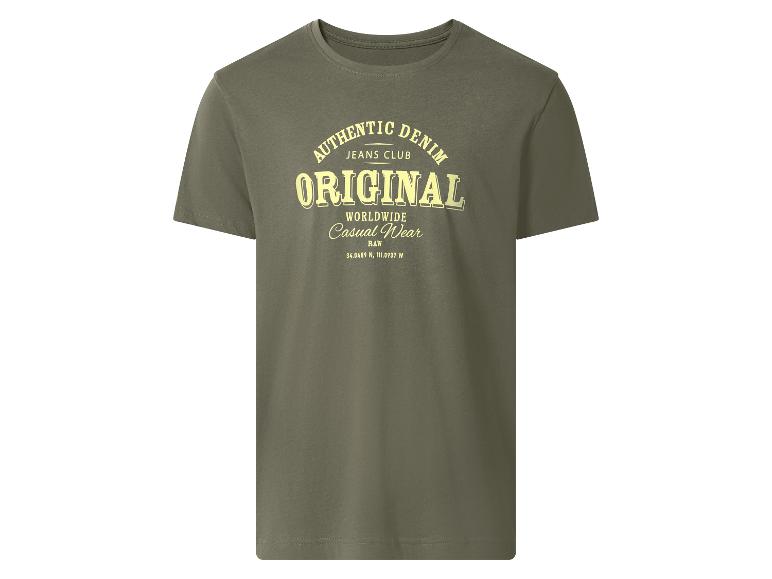Groen heren T-shirt met korte mouwen en de tekst 'AUTHENTIC DENIM ORIGINAL JEANS CLUB'.