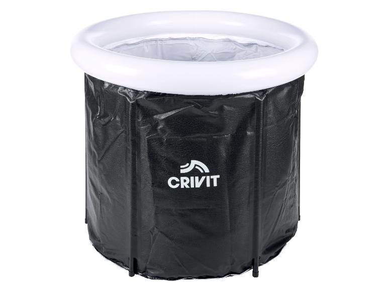 Zwarte Crivit opvouwbare campingbad met witte rand.