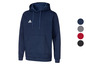 Een donkerblauwe Adidas hoodie met een capuchon.