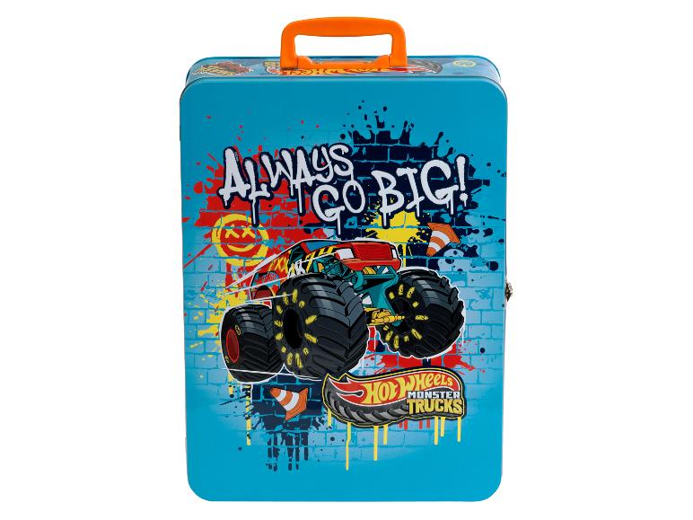 Hot Wheels Monster Trucks metalen doos, blauw, met een monstertruck en de tekst 'Always Go Big!'