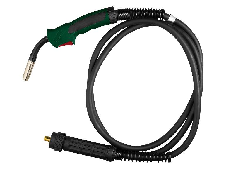 Lastoorts met zwarte kabel en groene handgreep op een witte achtergrond.