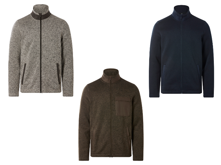 Drie heren fleecevesten: grijs, bruin en donkerblauw.