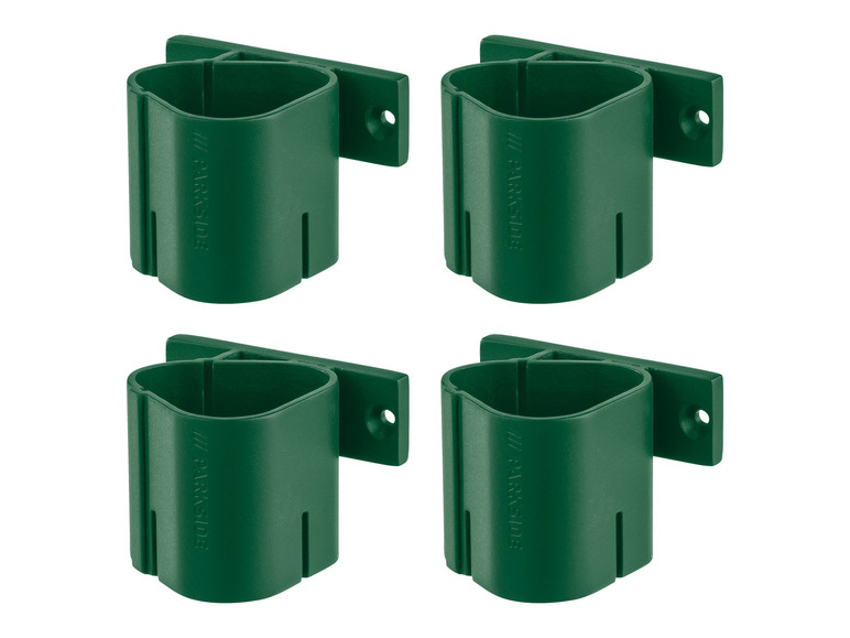 Vier groene wandbevestigingen van Parkside voor het ophangen van gereedschap.