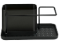 Zwarte gootsteenorganizer met houder voor borstel en spons.