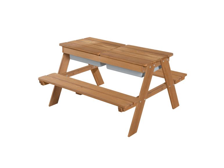 Houten picknicktafel voor kinderen met twee ingebouwde opbergbakken.
