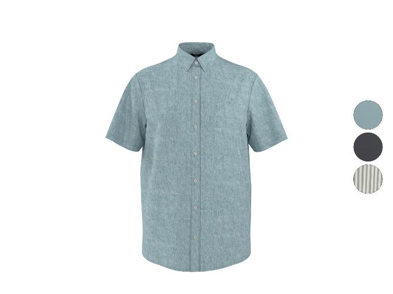 Blauw linnen overhemd met korte mouwen en knopen, met kleur- en patroonopties.