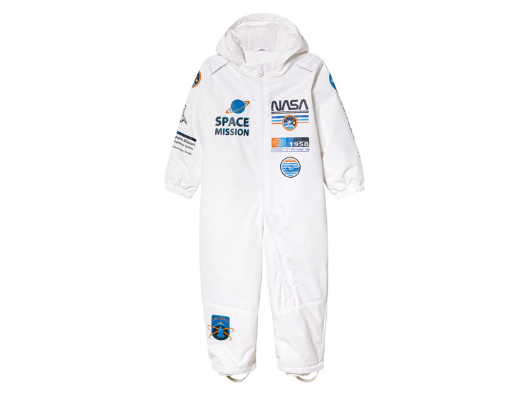 Witte ruimtepak voor kinderen met NASA en Space Mission logo's.