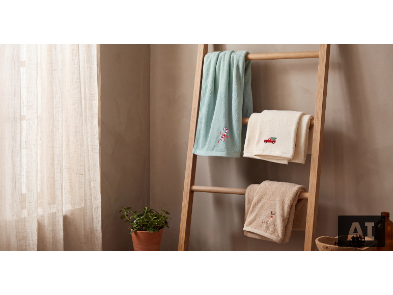 Kersthanddoeken met borduursel op een houten ladder in de badkamer.