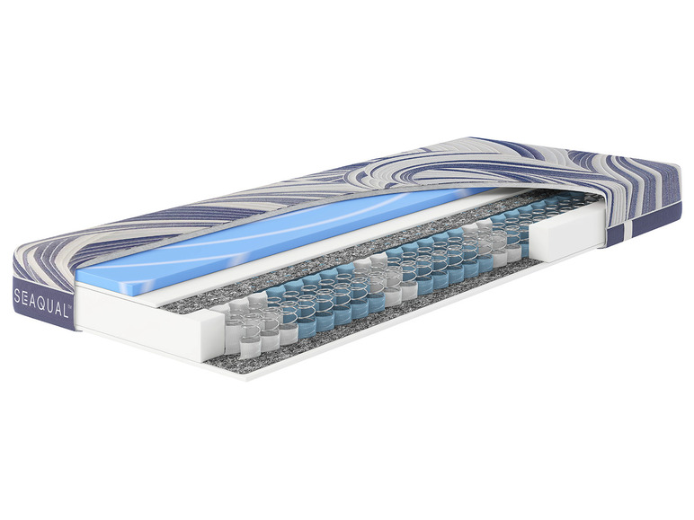 Een doorsnede van een Seaqual matras met een blauwe hoes, schuimlaag en pocketveren.