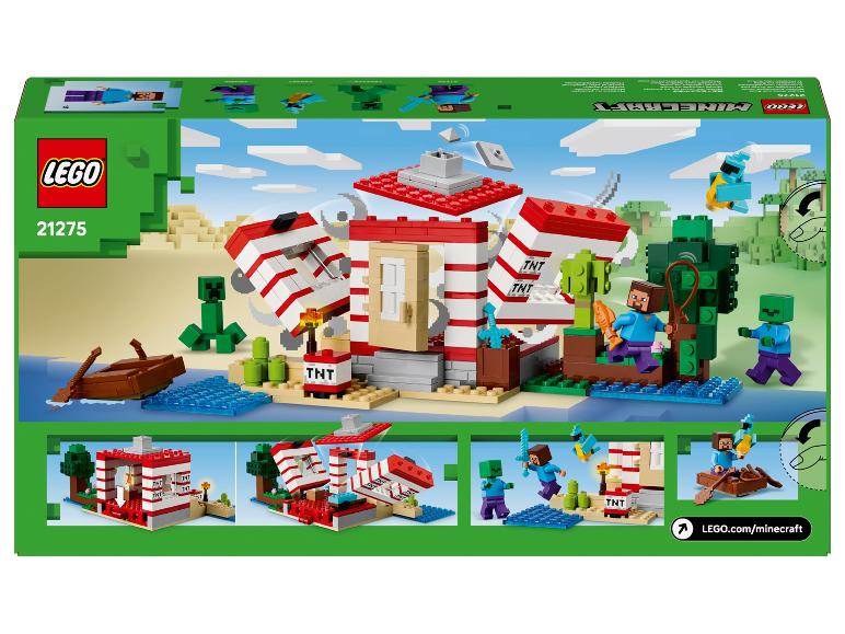 Minecraft speelset met huis, boot, figuren en accessoires, die verschillende scènes toont.