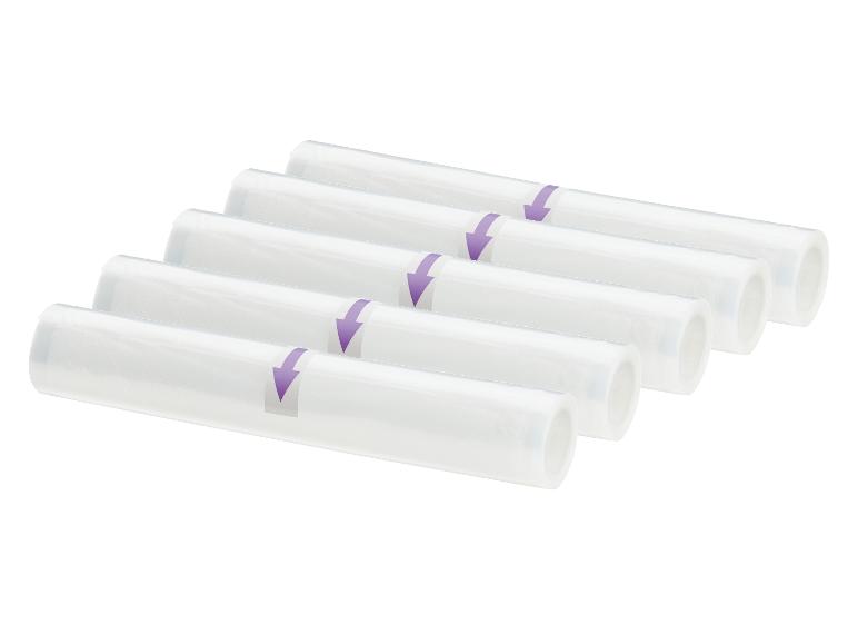 Zes rollen vacuümfolie met paarse pijlen.