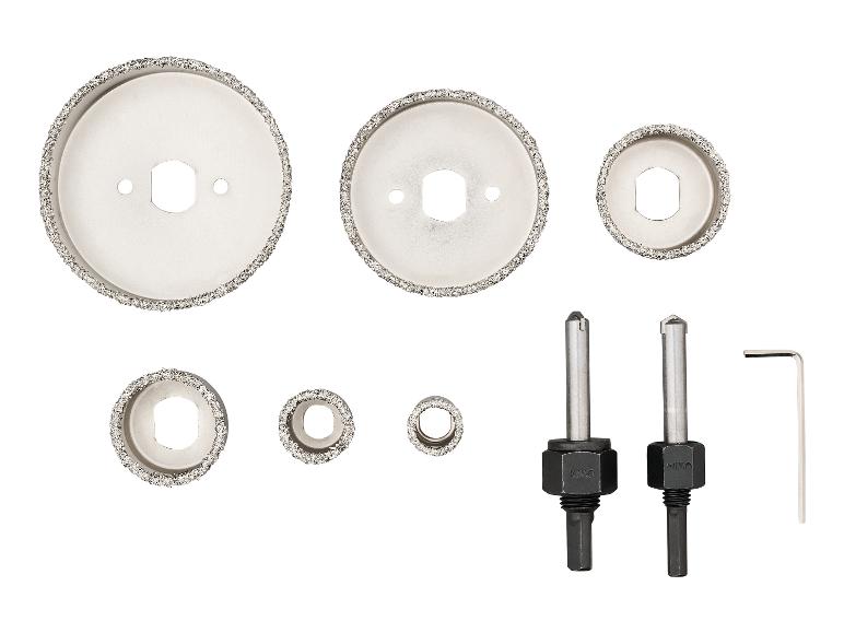 Diamantboorset voor tegels met adapters en inbussleutel.