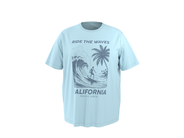Lichtblauw T-shirt met grafische print van een surfer op een golf, palmbomen en tekst 'RIDE THE WAVES CALIFORNIA PACIFIC VIBES'.