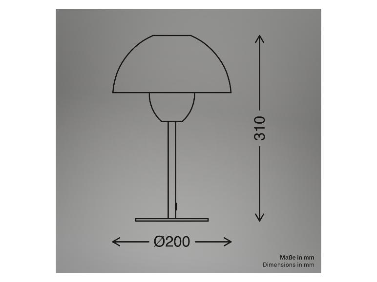 Technische tekening van een tafellamp met afmetingen van 310 mm hoogte en 200 mm diameter.