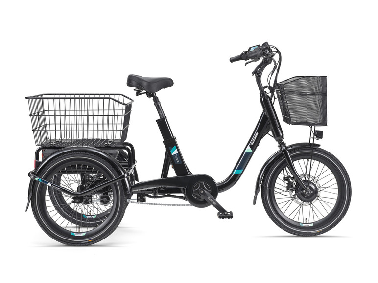 Een zwarte Telefunken TCI 500 elektrische driewieler met manden.