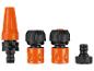 Set oranje-zwarte tuinslangaansluitingen en een sproeikop.