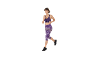 Vrouw rent in paarse sportbeha en camouflageprint capri-legging.
